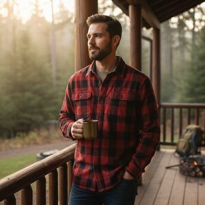 TAILOR VINTAGE Stretch Red/Black Plaid Fleece Flannel Men's Shirt Size L